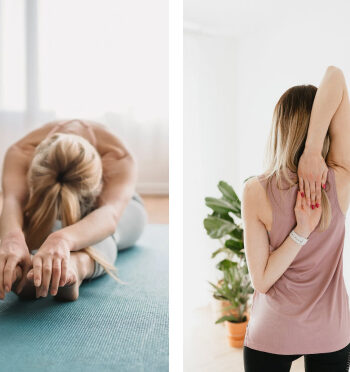 Dos personas practican pilates.